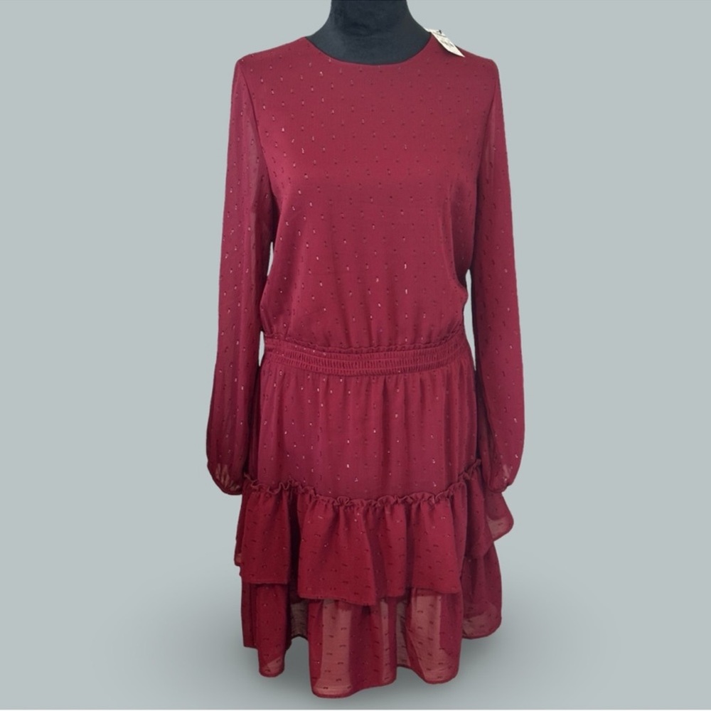 NWT - Express Burgundy Smocked Waist Tiered Dress - Picture 2 of 9